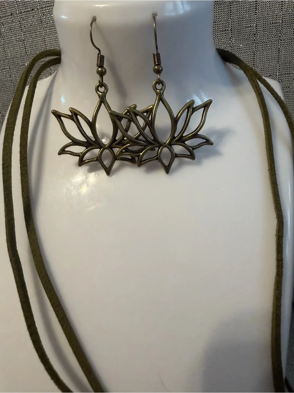 Brass Lotus Earrings & Olive Suede Necklace Set